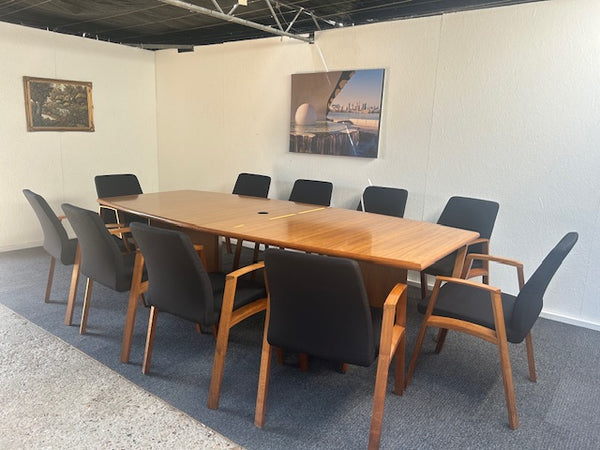 Boardroom Package: Barrel shaped Wood Veneer table and 10 Chairs