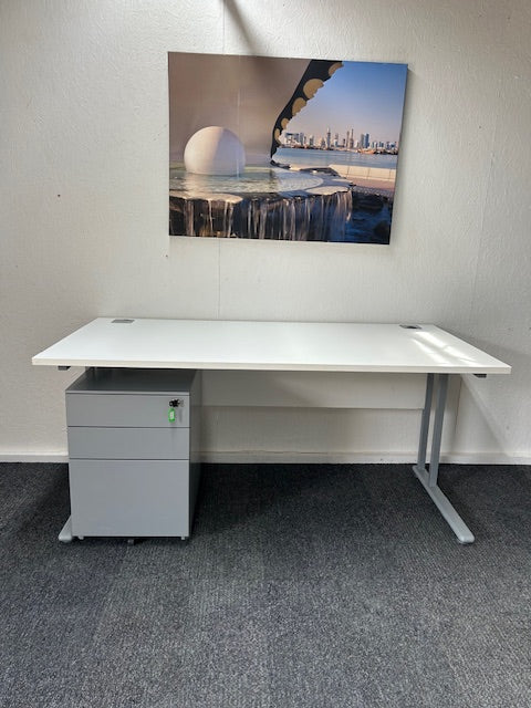 Straight White Desk 1600mm with Under Desk Mobile Silver 3 Drawer Pedestal
