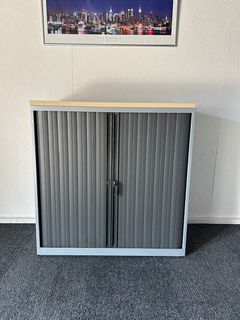 Double Door Tambour Cupboard / Silver Surround / Maple Top