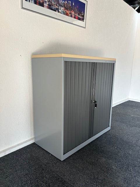 Double Door Tambour Cupboard / Silver Surround / Maple Top