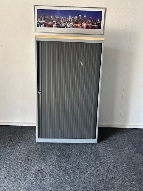 Single Door Side Opening Tambour Cupboard / Silver Surround / Maple Top