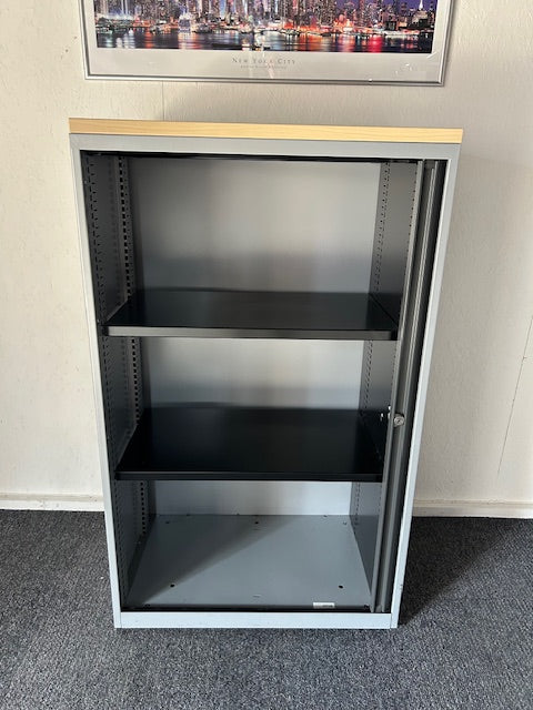 Single Door Side Opening Tambour Cupboard / Silver Surround / Maple Top
