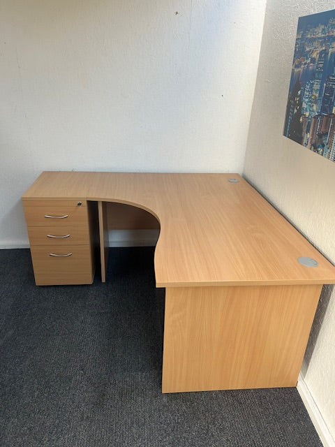 Beech Corner Desk with Desk High 3 Drawer Pedestal - Right Hand