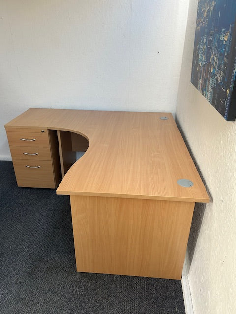 Beech Corner Desk with Desk High 3 Drawer Pedestal - Right Hand
