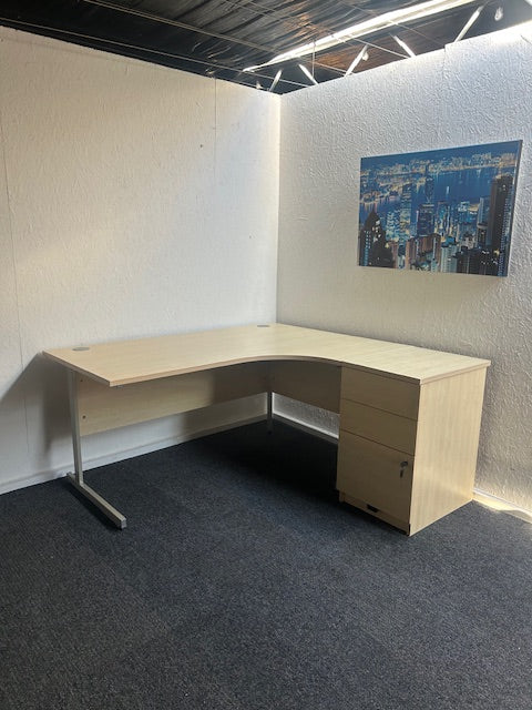 Maple Corner Desk with Desk High 3 Drawer Pedestal - Right Hand
