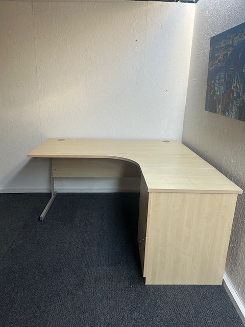 Maple Corner Desk with Desk High 3 Drawer Pedestal - Right Hand
